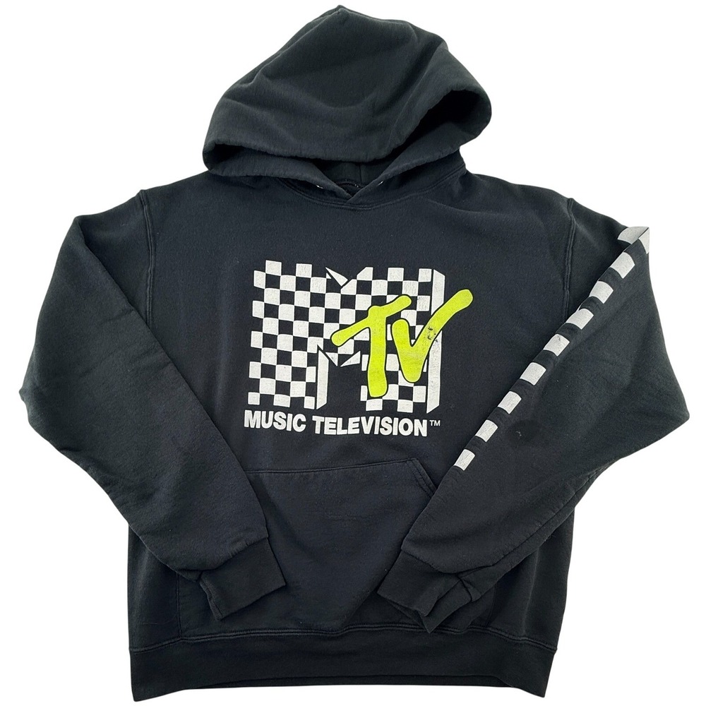 MTV Hoodie Mens Medium Black Graphic Pullover Checkerboard Music TV Streetwear‎